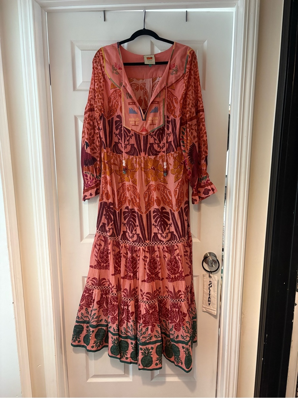 FARM Rio Anika Coral Pink Printed Tiered Maxi Dress